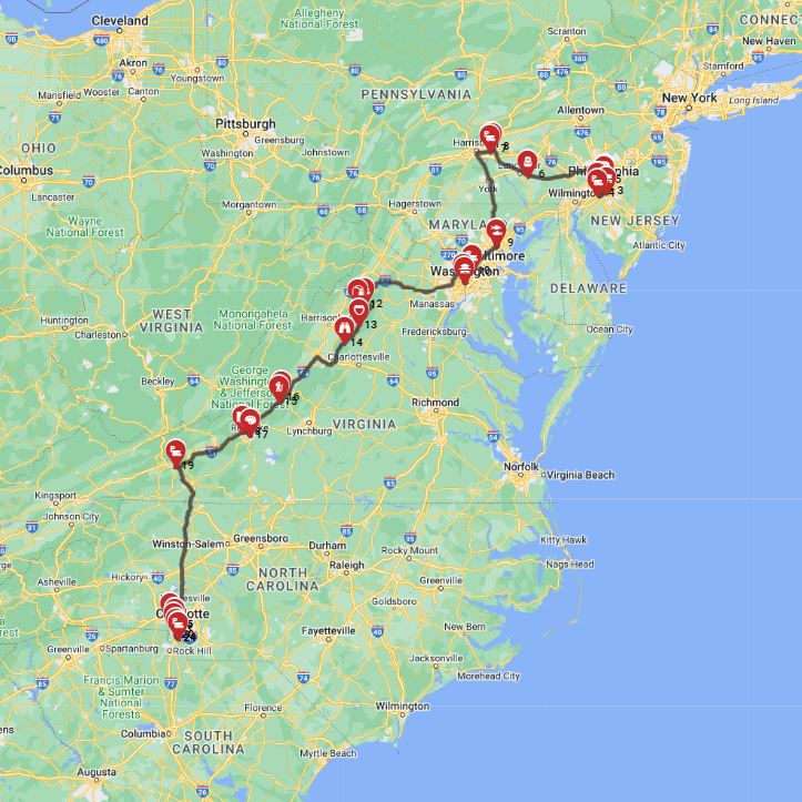 RV trip planner U.S.A Philadelphia to Charlotte motorhome road trip route